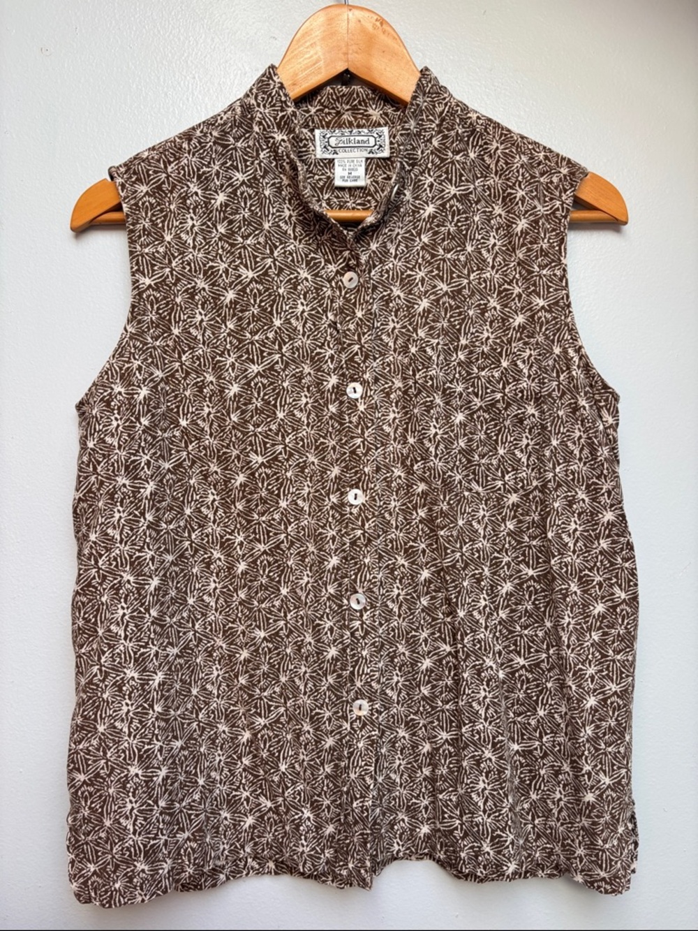 Vintage Raw Silk Button Front Sleeveless Top, S